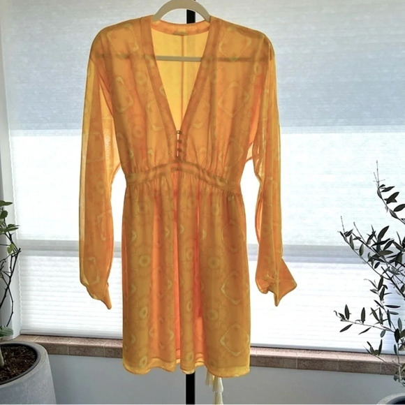 Alexis Luss Geometric Print Long Sleeve Mini Dress Yellow Sun XS Summer Colorful - Picture 2 of 8